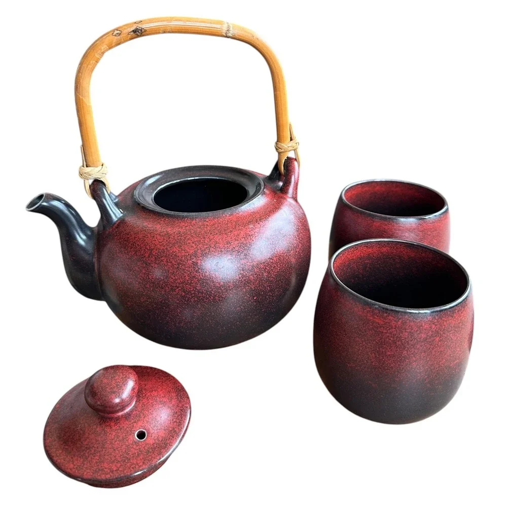 Unbranded Ceramic Tea‎ Set Unisex OS Red Black Excellent Bamboo Handle 3pc